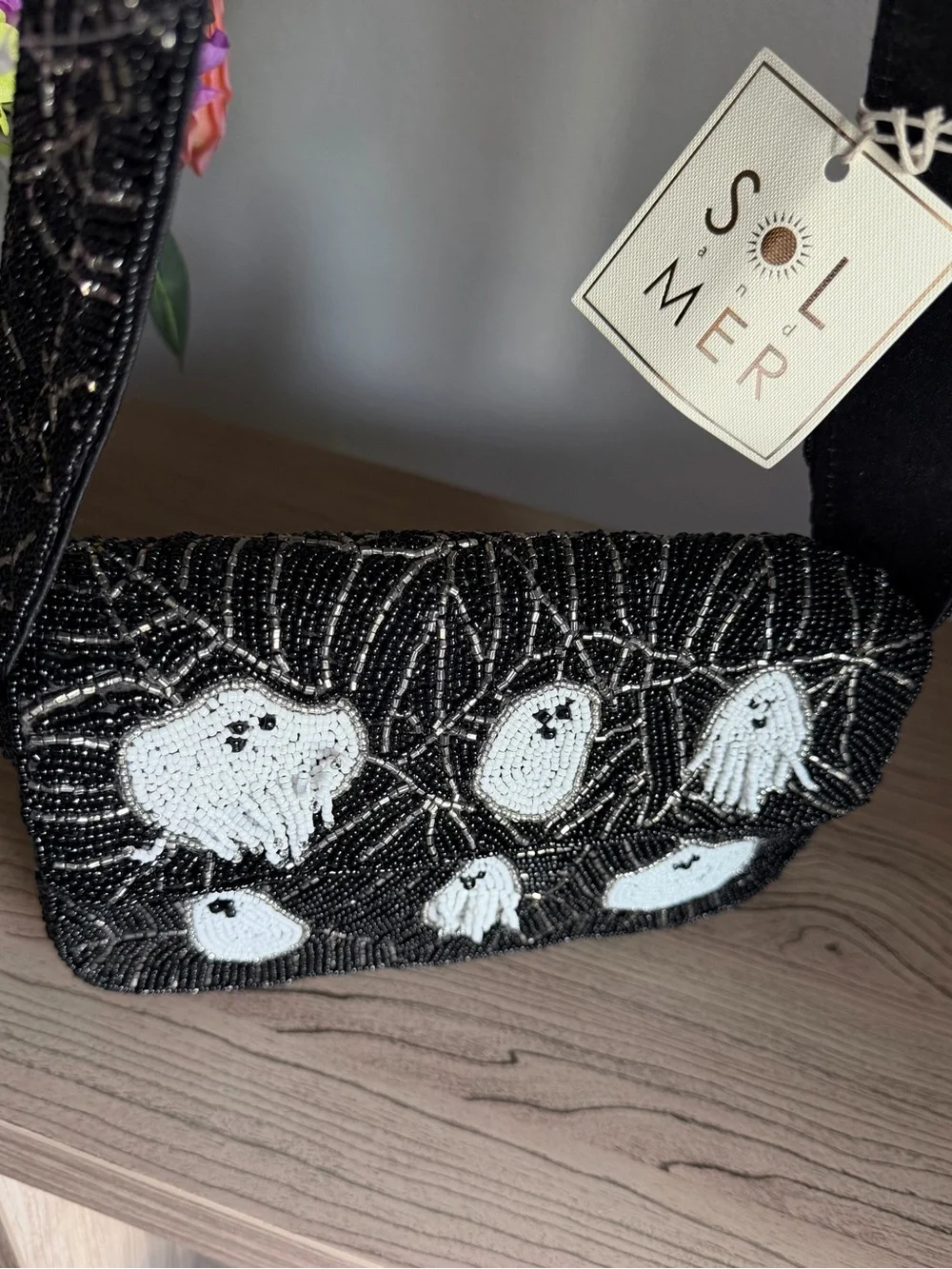 Viral Black Beaded Ghost Motif Halloween spider web Shoulder Bag sol & mer